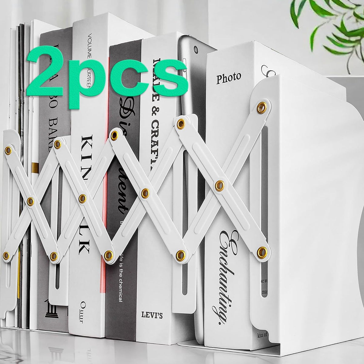 2PCS Heavy Duty Book End to Hold Books, Adjustable Bookends Book Holder for Shelves, White Book Organizer for Desk, Sturdy & Flexible - Metal Book Ends Binder Holder for Tabletop
