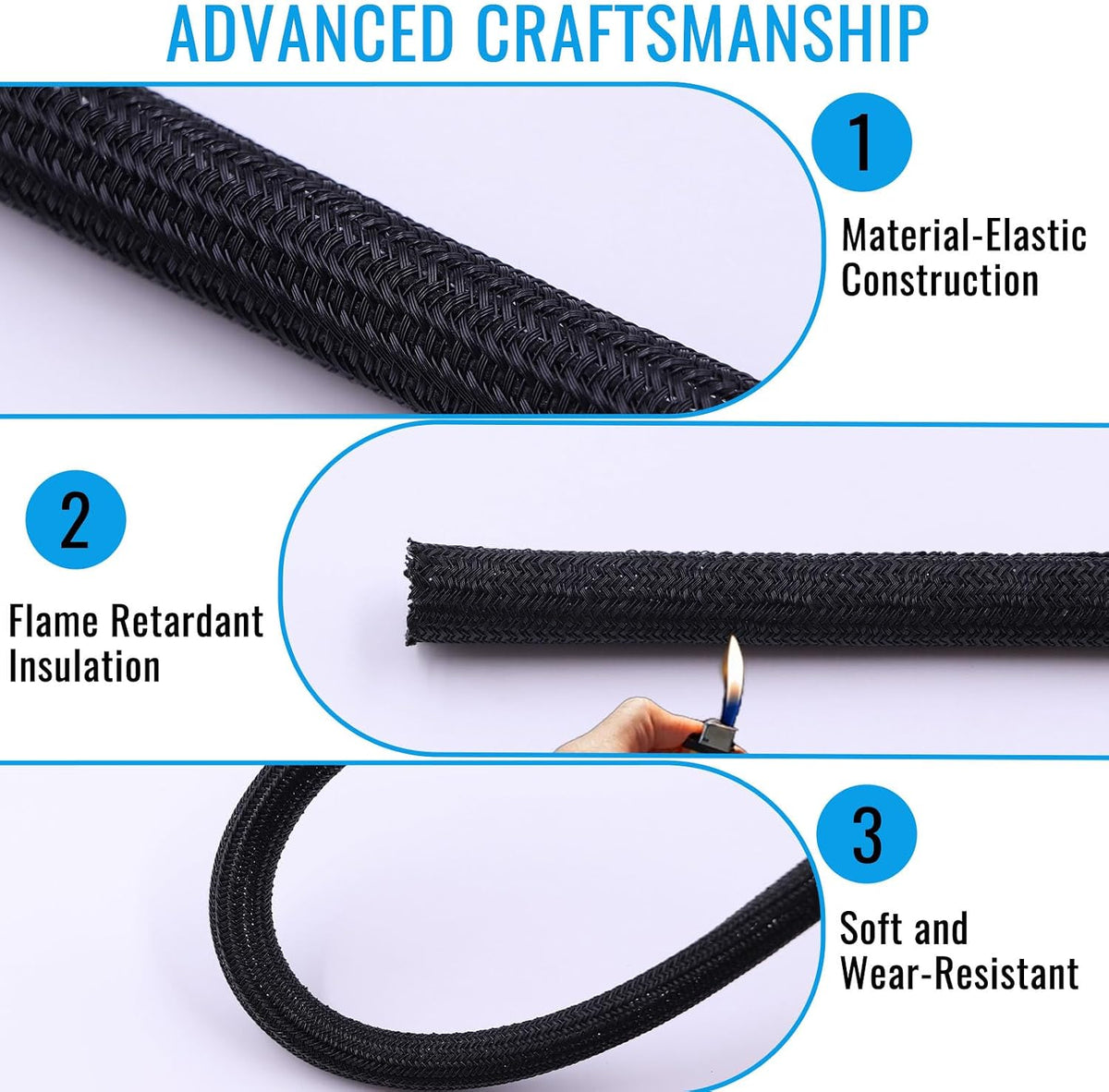 1/2" - 10Ft Split Braided Cable Sleeve, Wire Loom Tubing, Black
