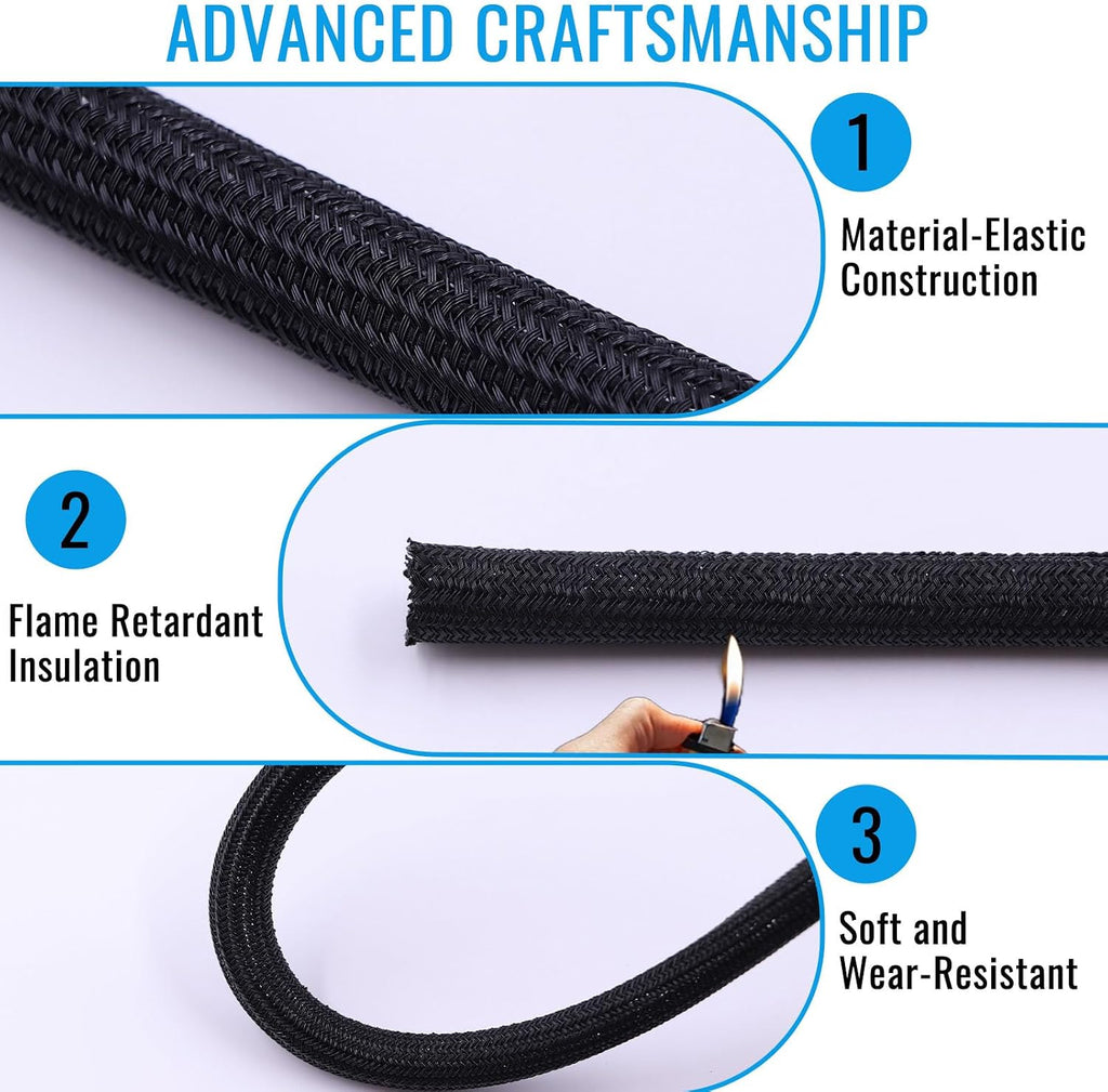 3/8" - 10Ft Split Braided Cable Sleeve, Wire Loom Tubing, Black