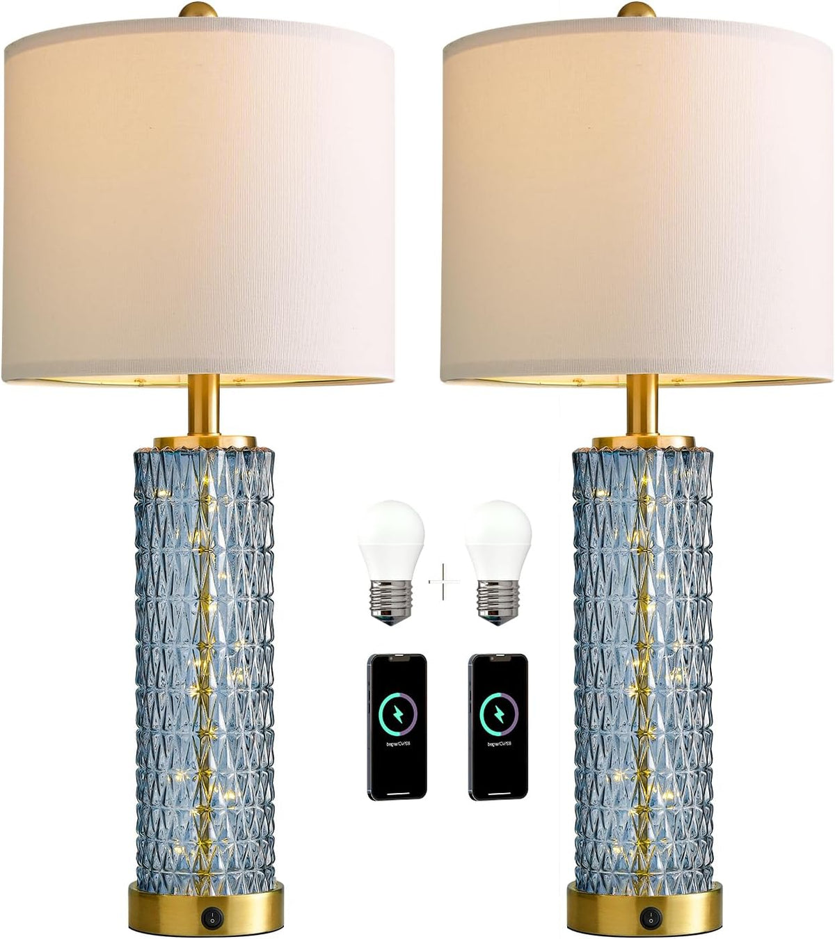 Oneach 27.75" Blue Table Lamps Set of 2 with LED Nightlight for Bedside