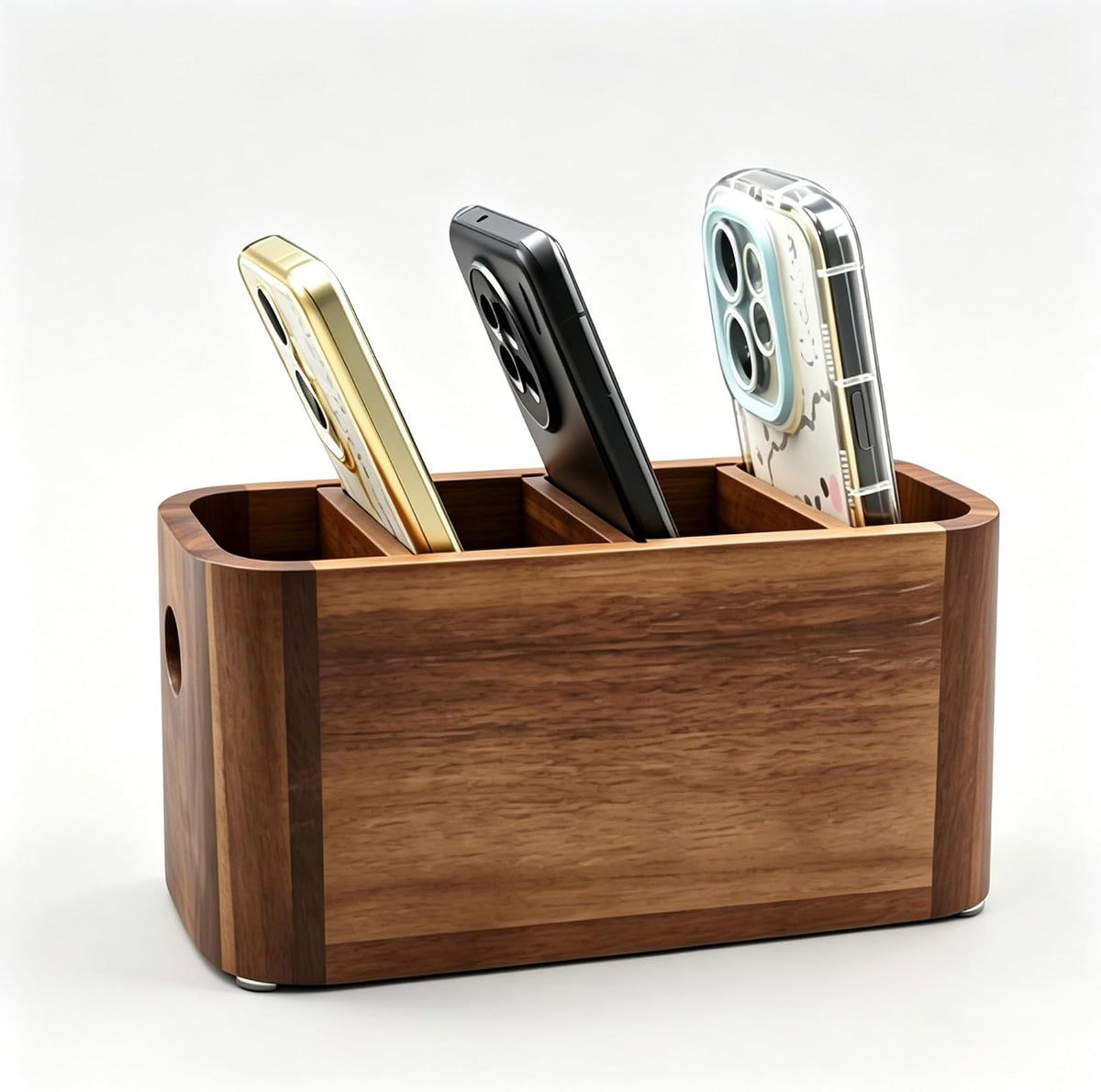 Acacia Wood Remote Control Holder, Walnut Color TV Remote Holder with 4 Adjustable Compartments, Wooden Remote Caddy Organizer for Table, Desk, Nightstand, Living Room, Office