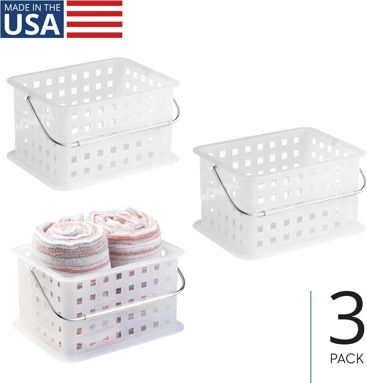 iDesign Portable Shower Caddy Basket with Handle, Set of 3, Frost