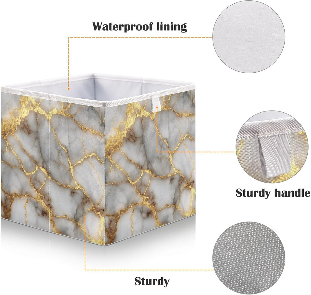 Gold Marble Pattern Cube Storage Bins Collapsible Fabric Storage Baskets