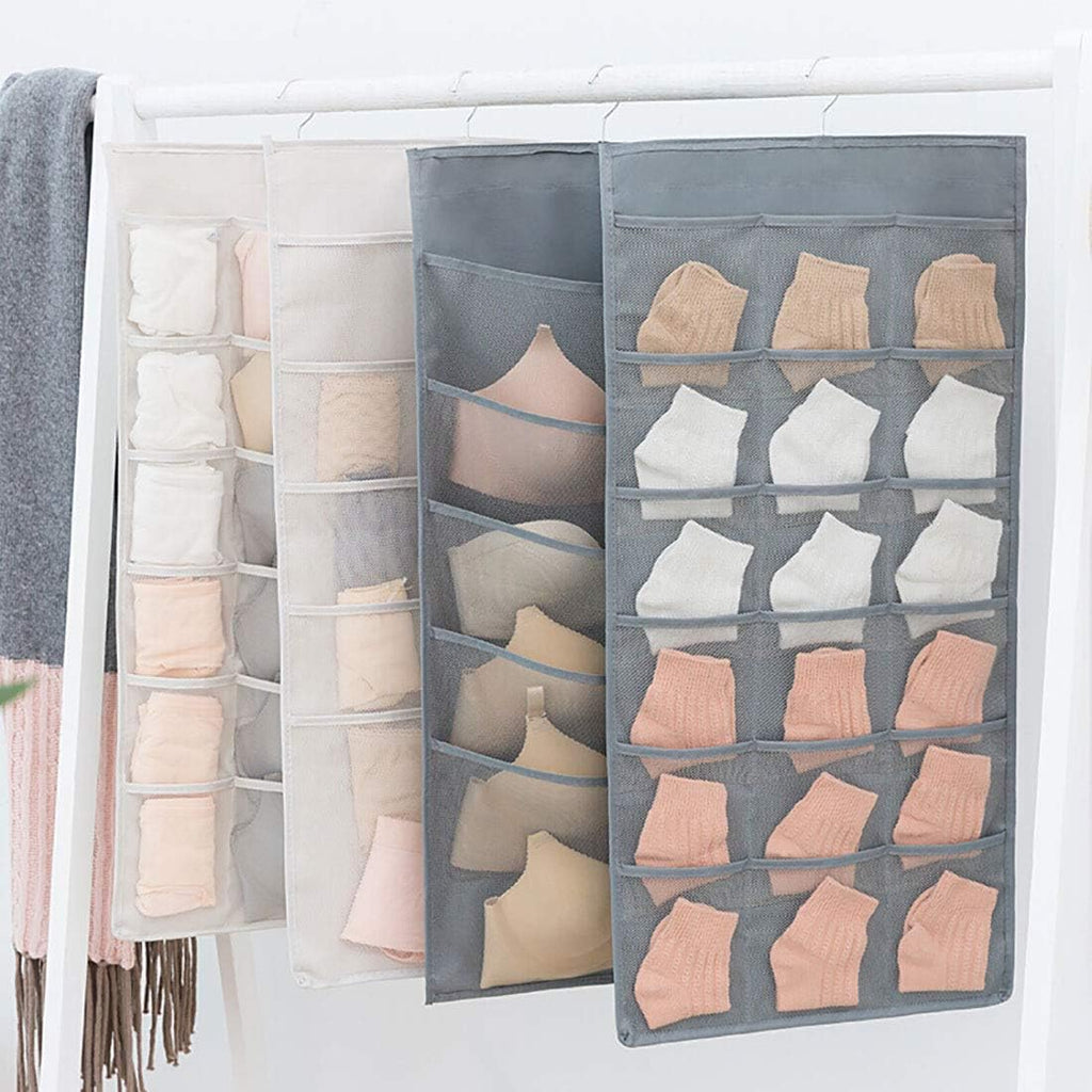Closet Hanging Organizer with Mesh Pockets & Rotating Metal Hanger,Dual Sided Wall Shelf Wardrobe Storage Bags,Oxford Cloth Space Saver Bag for Bra Underwear Underpants Socks (gray)
