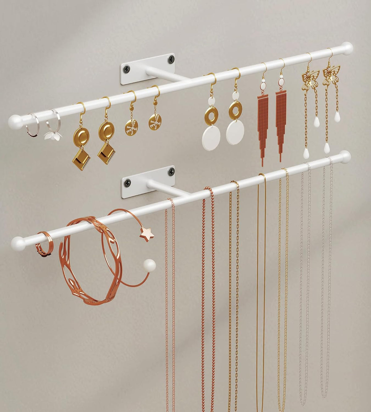 Wall Hanging Jewelry Organizer 12.6", Screw Included, White 2-Pack