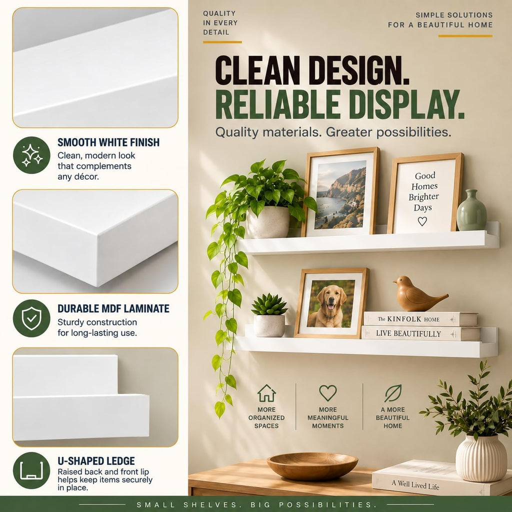 Greenco Picture Shelf, Set of 2 Wall Mounted Photo Ledge Floating Shelves for Bedroom, Living Room, Kitchen, Bathroom, Nursery Display, White Finish