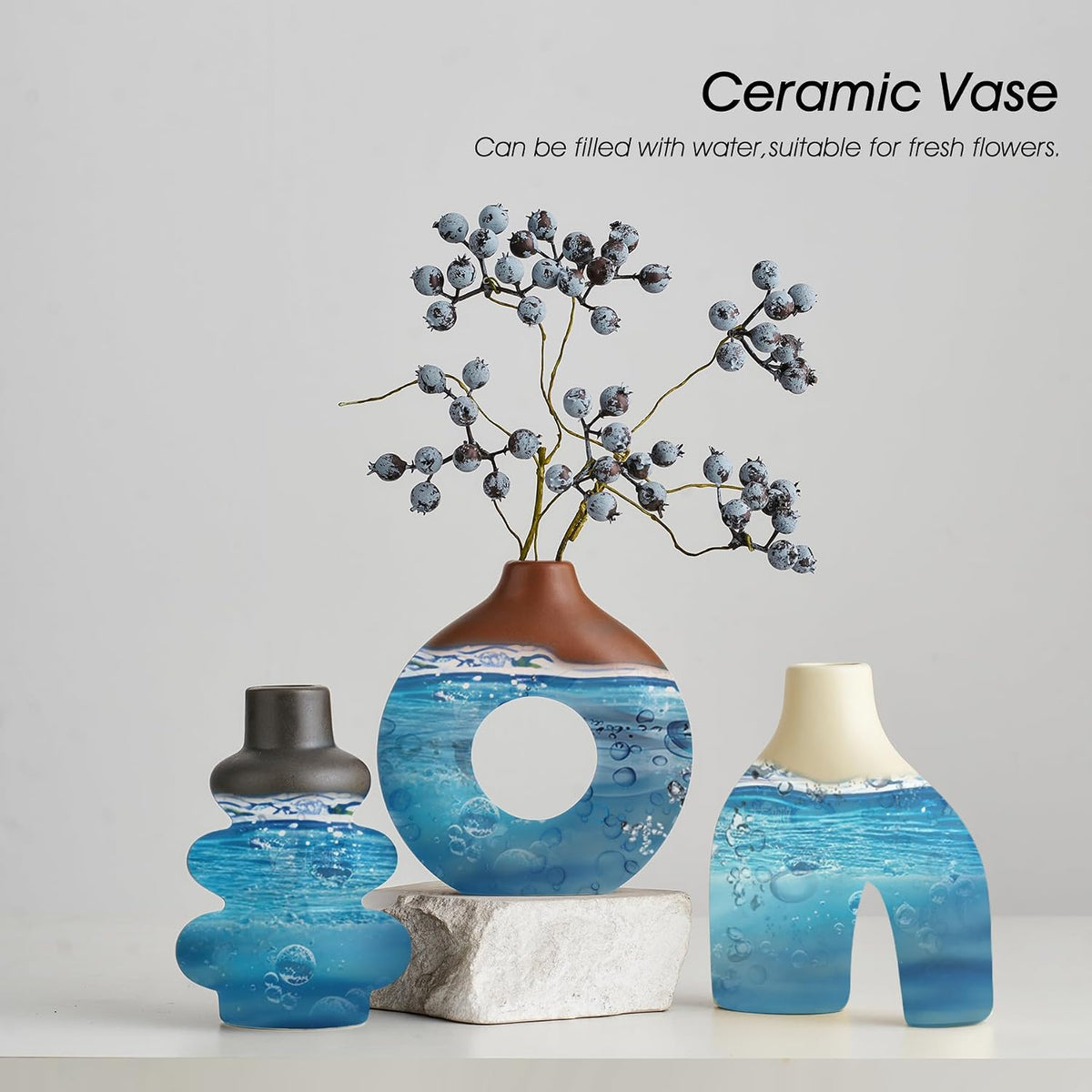 Boho Ceramic Vase Set of 3, Rustic Flower Vases for Pampas Grass