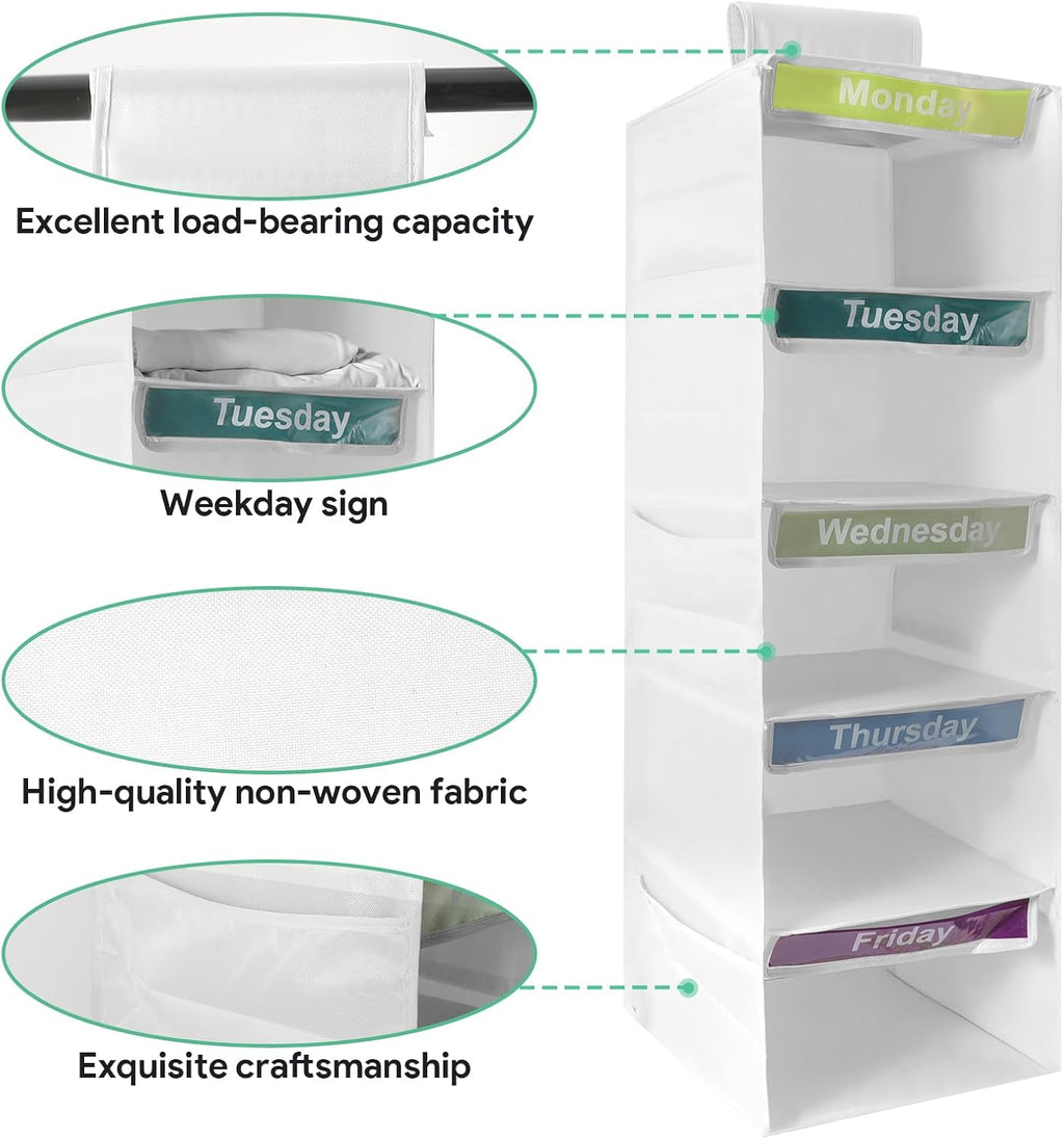 5 Shelf Weekly Hanging Closet Organizer Monday Through Friday Clothes White