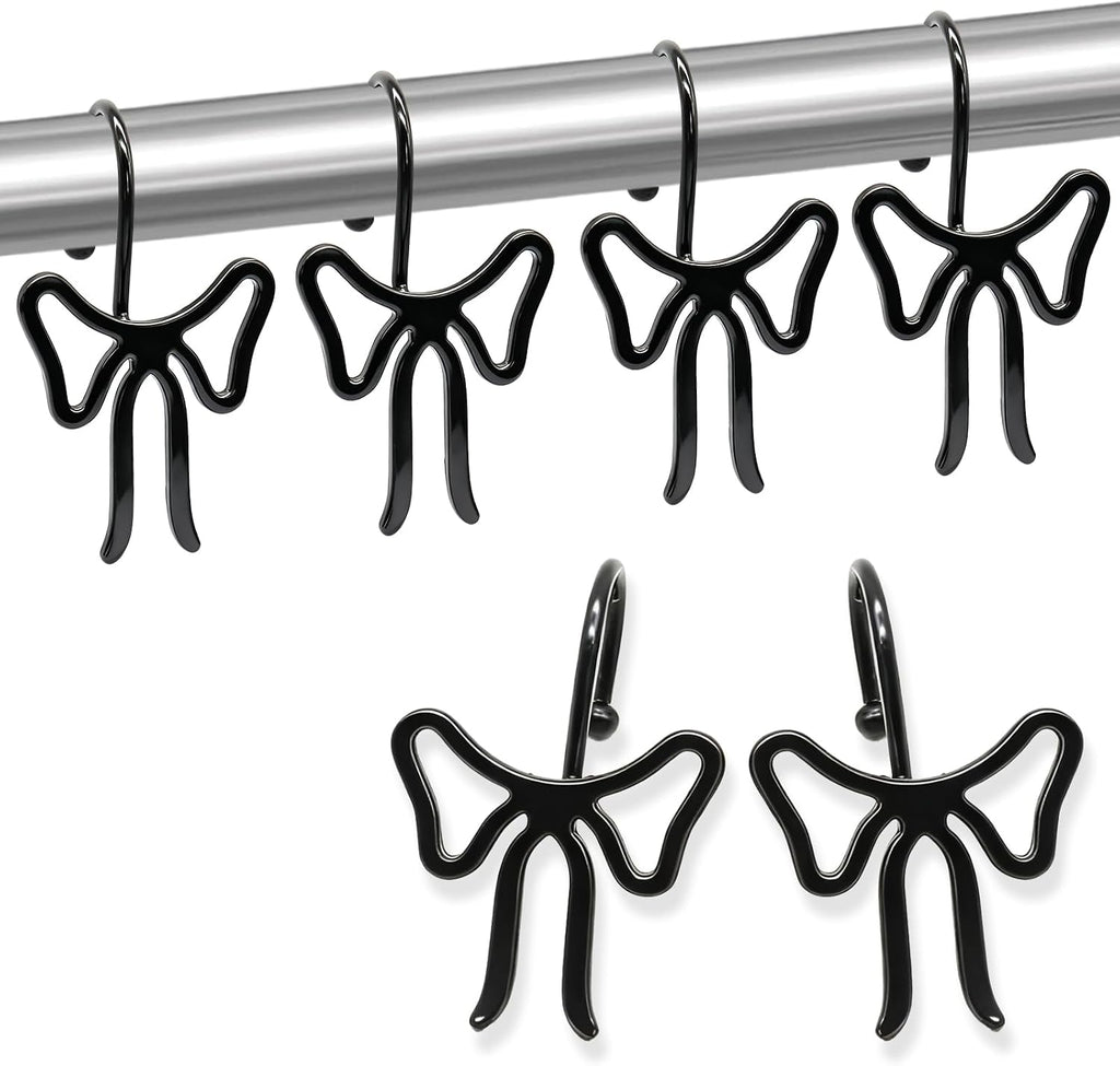 Bow Decorative Shower Curtain Hooks, Bowknot Shower Curtain Rings, Modern Bow Shower Curtain Hangers, 12PCS Shower Hooks for Shower Curtain, Home Decor, Bathroom, Bedroom, Living Room (Big-Black)