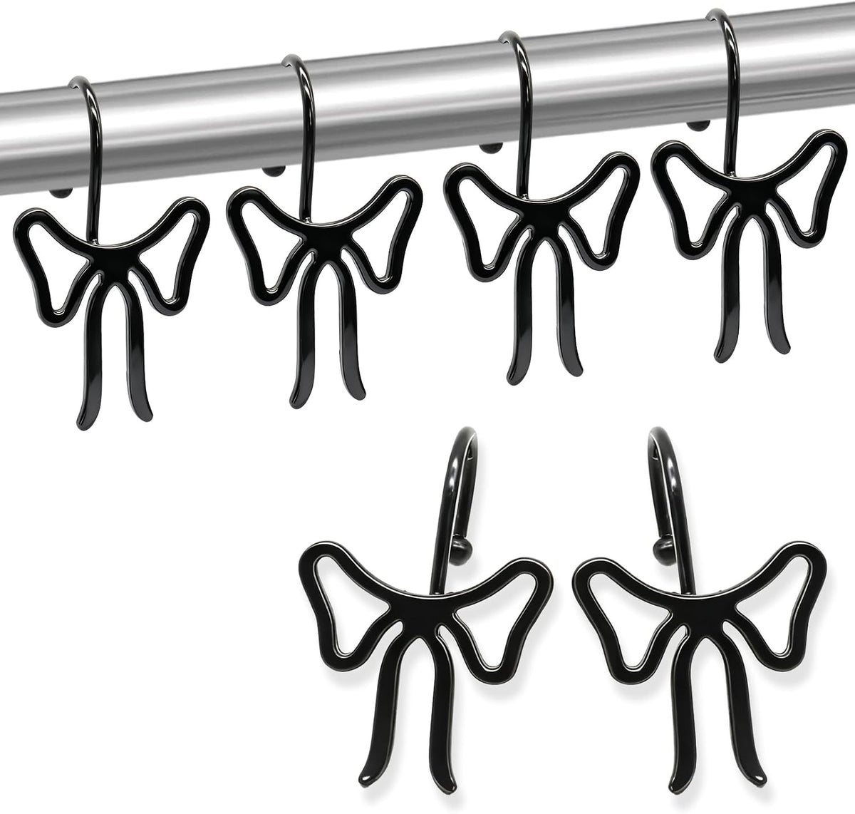 Bow Decorative Shower Curtain Hooks, Bowknot Shower Curtain Rings, Modern Bow Shower Curtain Hangers, 12PCS Shower Hooks for Shower Curtain, Home Decor, Bathroom, Bedroom, Living Room (Big-Black)