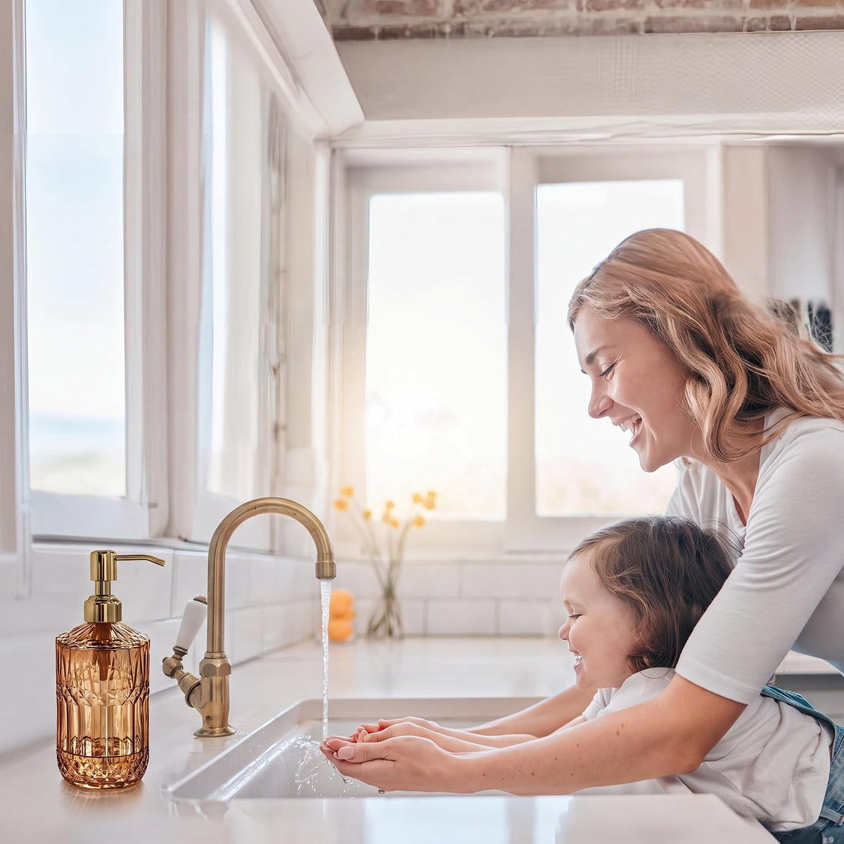 JASAI 18Oz Amber Glass Soap Dispenser with Gold RustProof Pump for Bathroom
