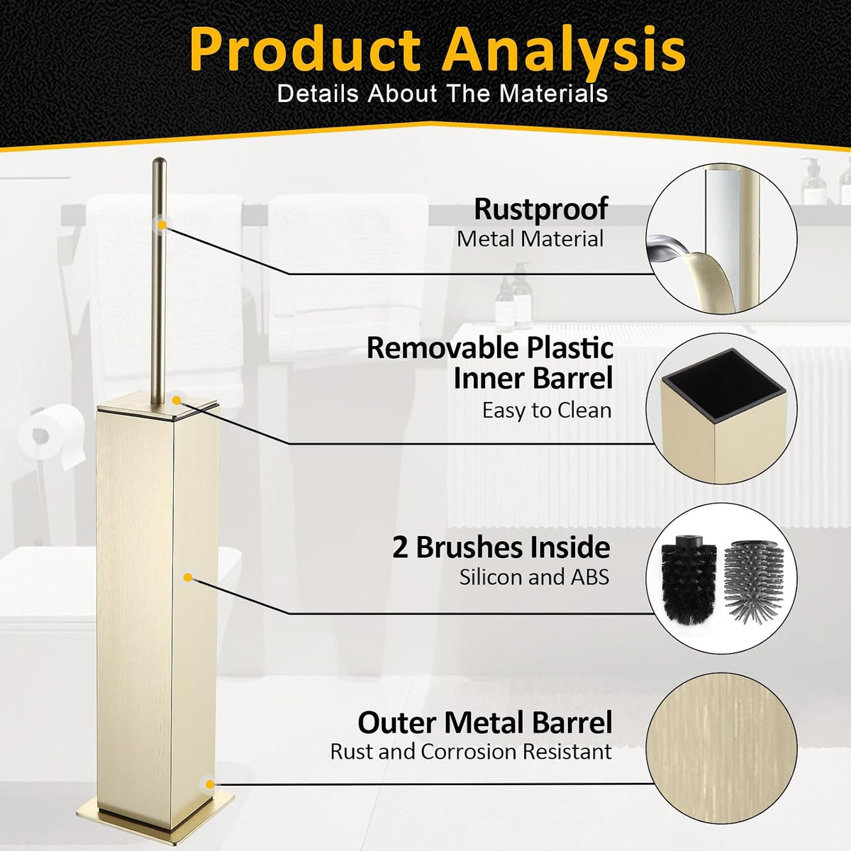 BVL Toilet Brush and Holder Floor Standing, Brushed Gold with 2 Replaceable Heads, Bathroom Toilet Brush, Freestanding Toilet Bowl Brush with Removable Liner and Splash Guard