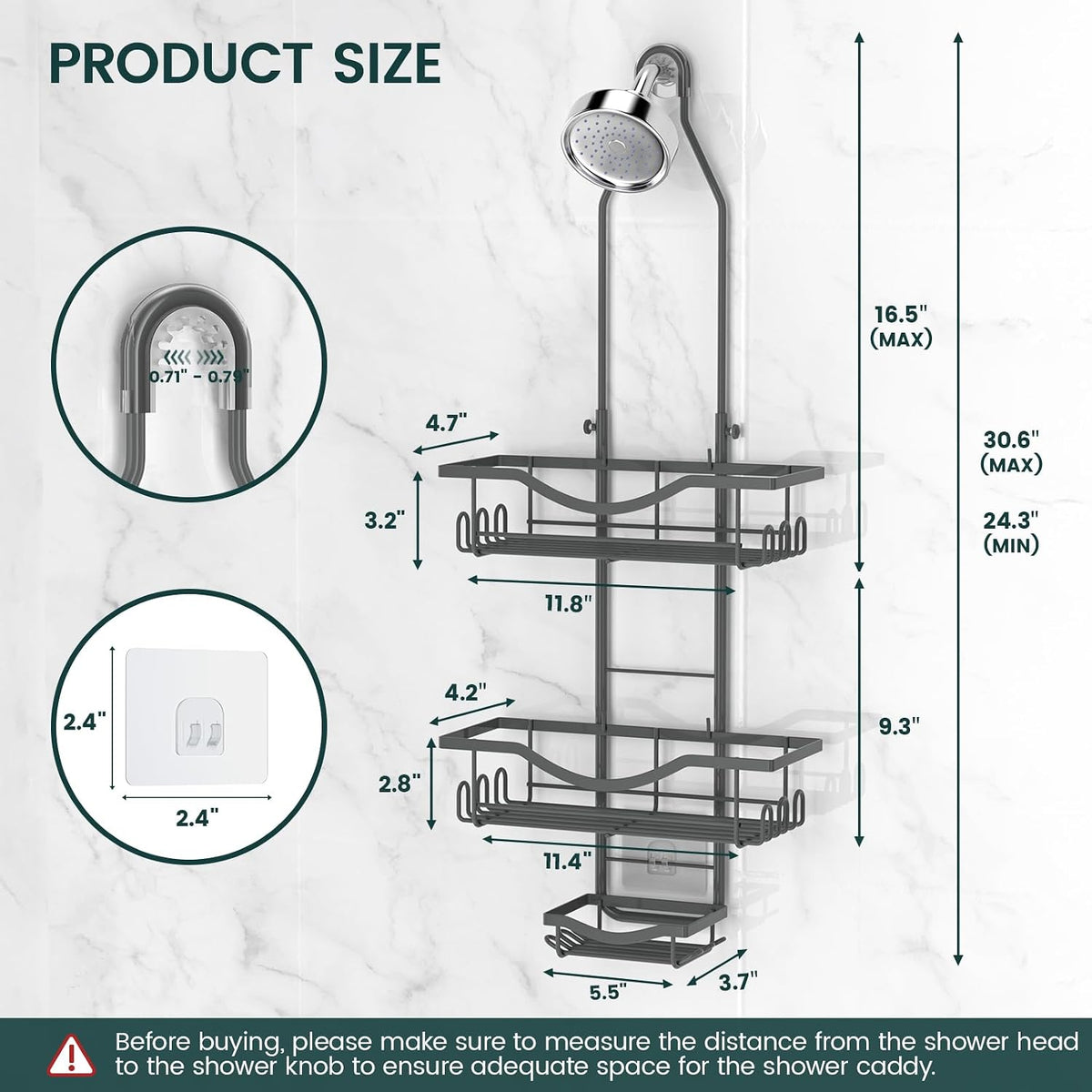 REINHARDT Adjustable Shower Caddy Hanging Rustproof Shower Organizer, Grey