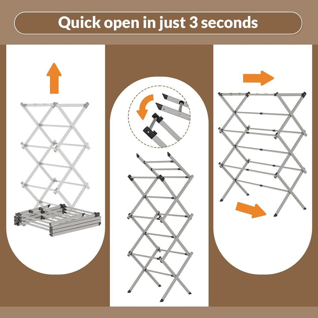 Collapsible Floor Drying Rack - Free Standing Accordion Laundry Dryer, Retractable Metal Clothes Hanger with Shoe Storage, Heavy Duty Rustproof Airer for Bathroom, Balcony & Rv