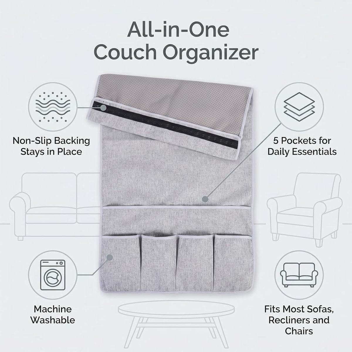 Remote Control Holder,Sofa Armrest Organizer,33.1" x 18.5" (Grey)