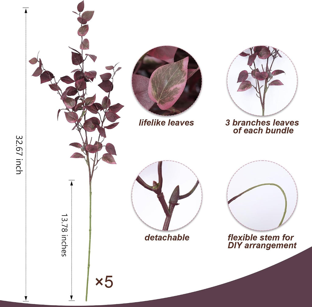 HyeFlora 5PCS Artificial Fall Eucalyptus Leaves Stem Plants, 32.7 inch Fake Leaves Autumn Greenery Branches Burgundy Shrubs Silk Faux Foliage DIY Stems for Thanksgiving Festival Home Kitchen Farmhouse