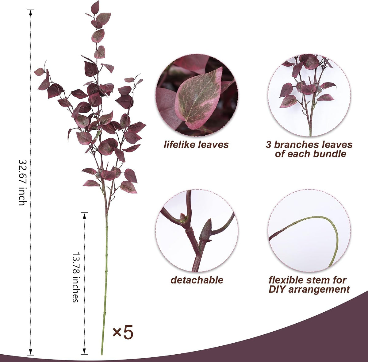 HyeFlora 5PCS Artificial Fall Eucalyptus Leaves Stem Plants, 32.7 inch Fake Leaves Autumn Greenery Branches Burgundy Shrubs Silk Faux Foliage DIY Stems for Thanksgiving Festival Home Kitchen Farmhouse