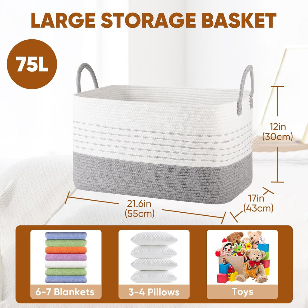 OIASKET 75L Large Cotton Rope Storage Basket, Soft Decorative Blanket Basket for Living Room & Bedroom, Boho Laundry Hamper with Handles Capable of Holding Pillows, Clothes and Toys-Grey & White