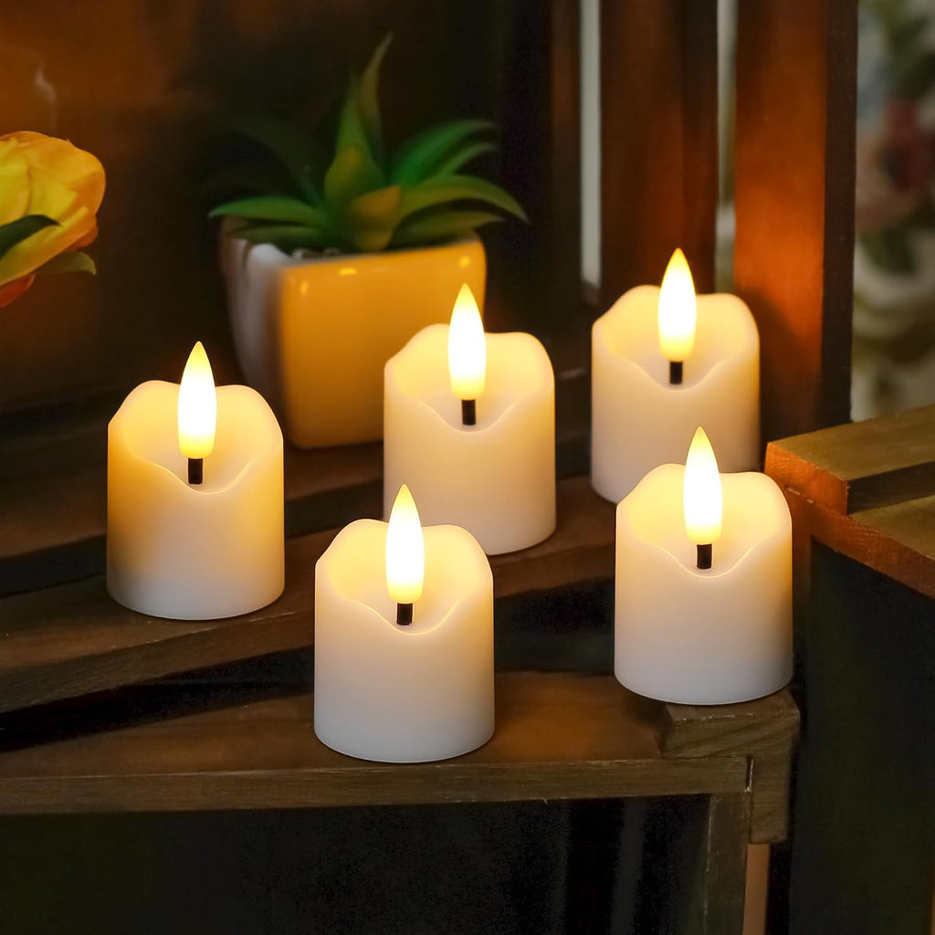 Rechargeable Flameless LED Remote 1.6" x2.3" Tea Light Candles,Flickering Fake Plastic White Cycle Timer 6 Pack Small Mini Votive Tealight Candles with Charging Cable