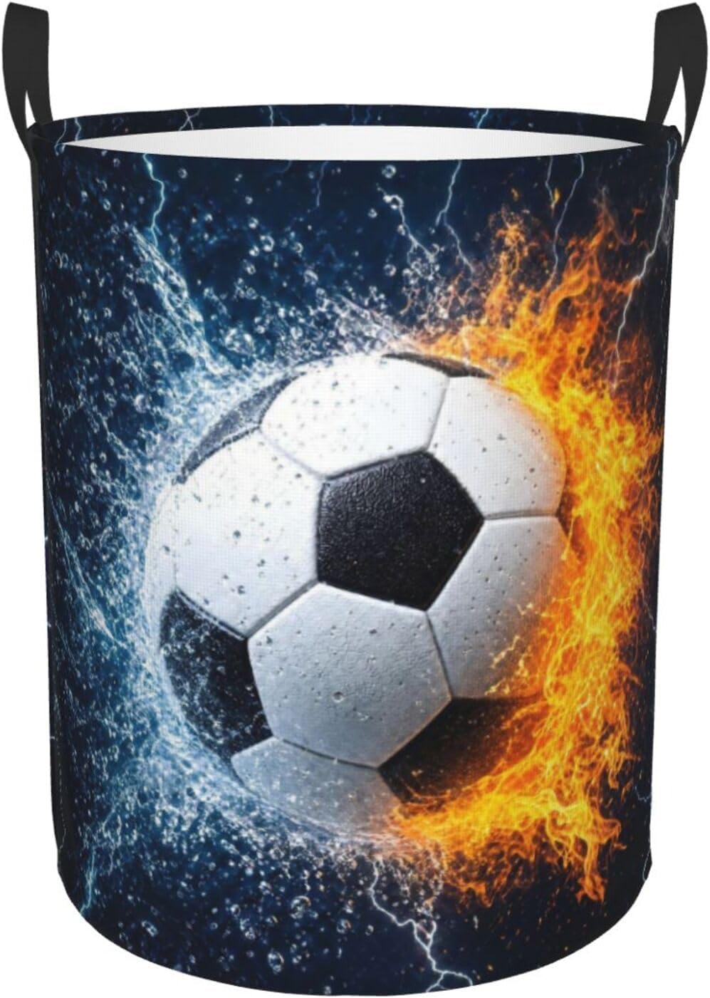 Soccer Ball In Fire And Water Round Laundry Hamper Sport Football Storage Basket Toys Clothes Organizer Bin For Home Bathroom Bedroom Dorm Nursery, 38l