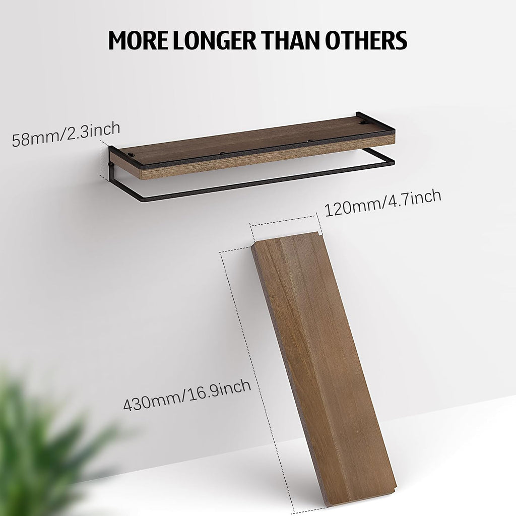 Meangood Walnut Floating Shelves for Wall, 17 inch Bathroom Shelf, Set of 2