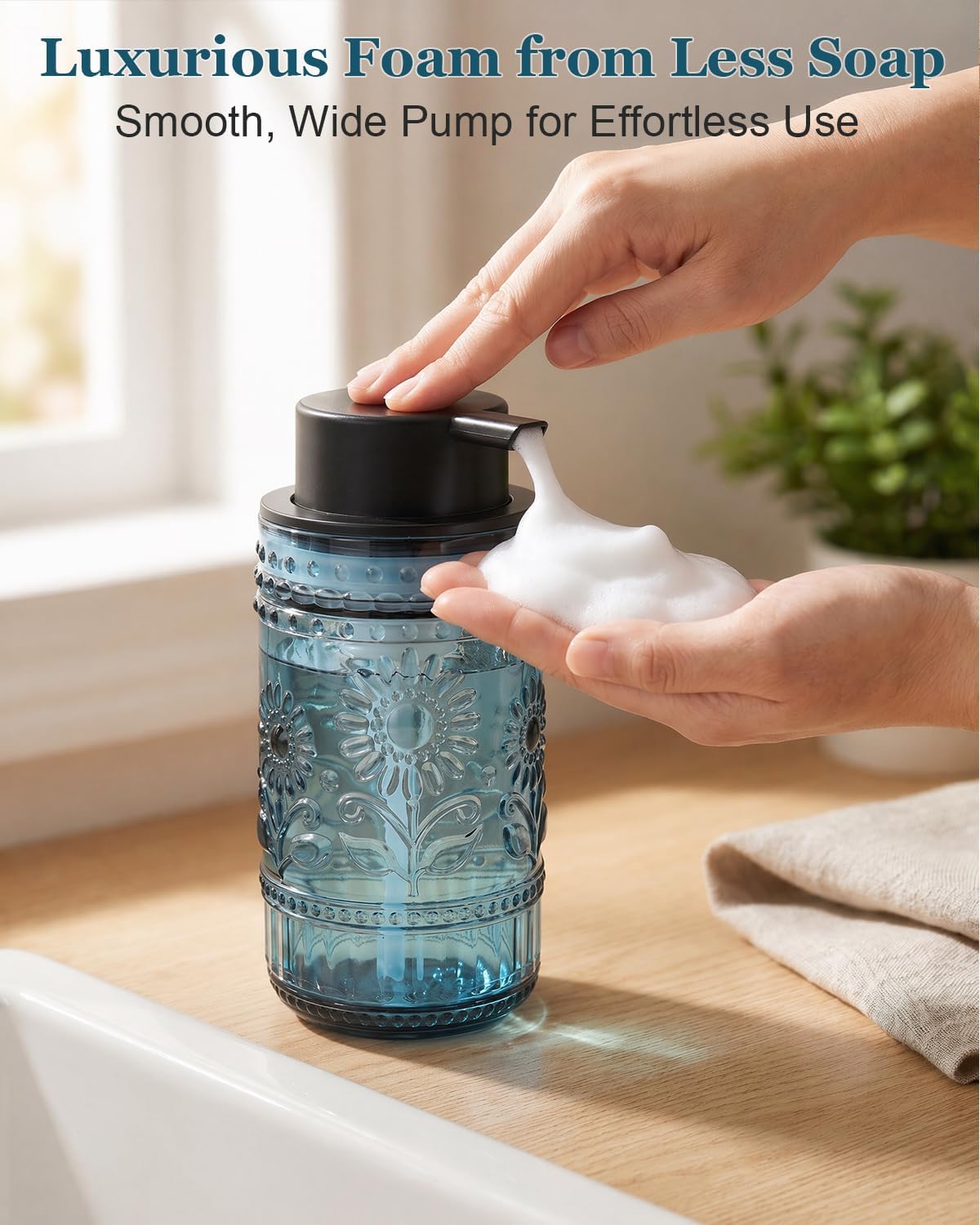 Glass Foaming Soap Dispenser, Vintage Foam Hand Soap Dispenser, Blue