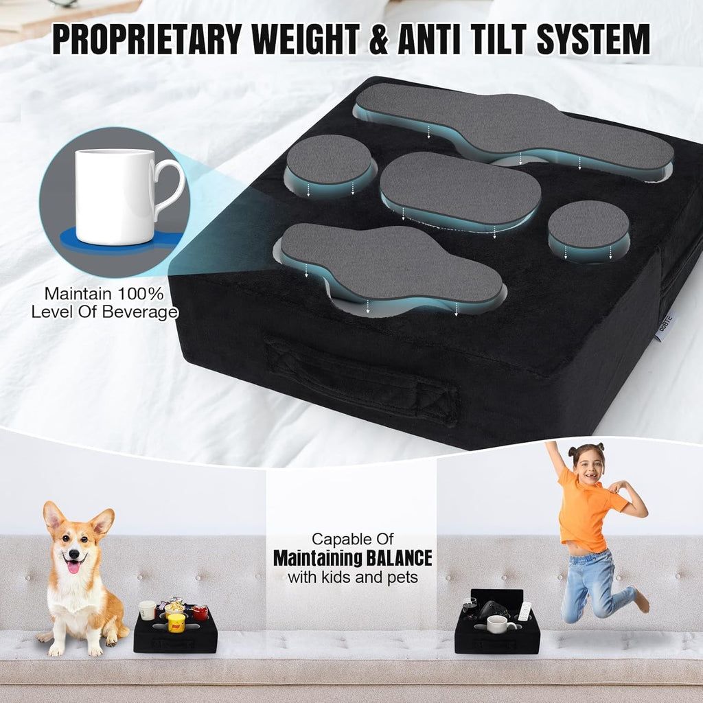 Couch Cup Holder Pillow Tray - Sofa Drink Cup Holder Cozy Buddy | Bed Caddy Organizer for Remote, Snacks Beverage, Phones, Tablet | Use it on Car, Pack, Beach, RV, Boat, Bedroom (Black)