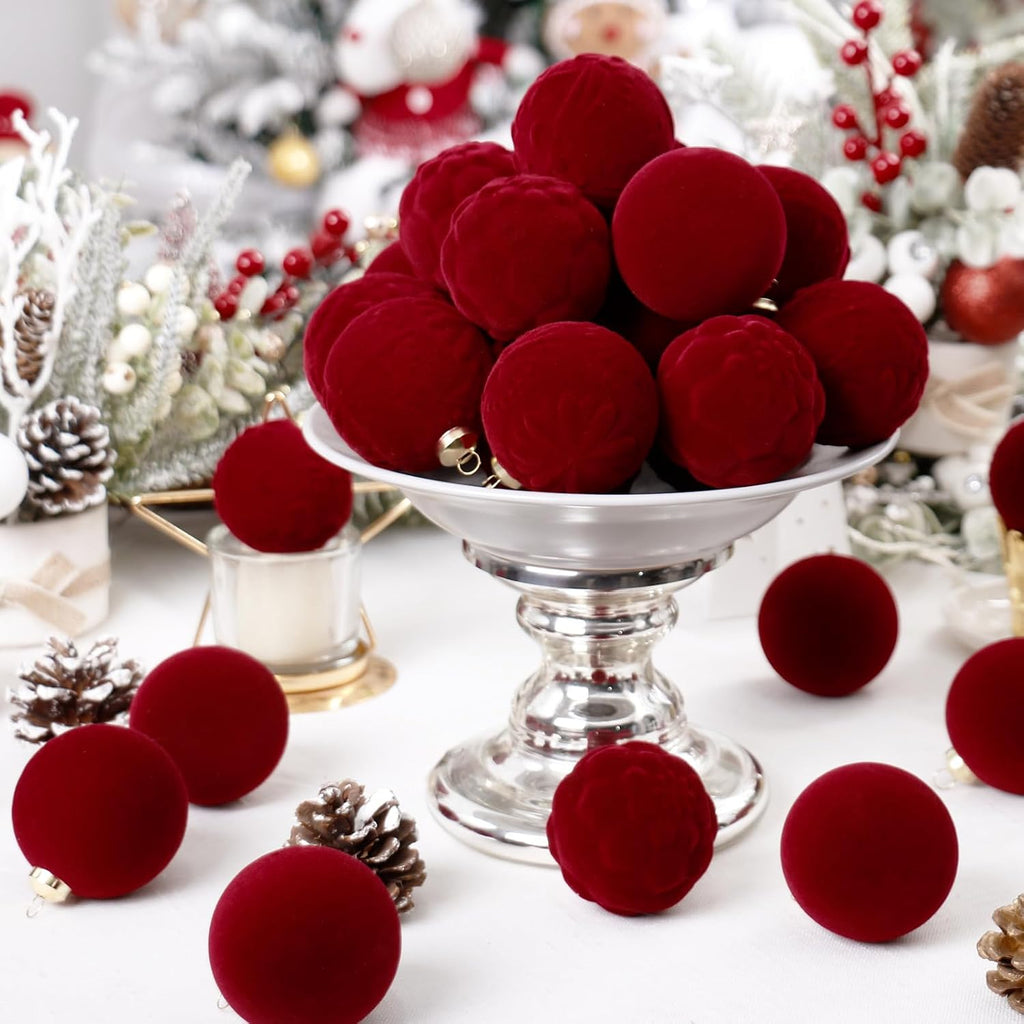 30PCS Burgundy Velvet Christmas Ball Ornaments for Xmas Tree Decorations