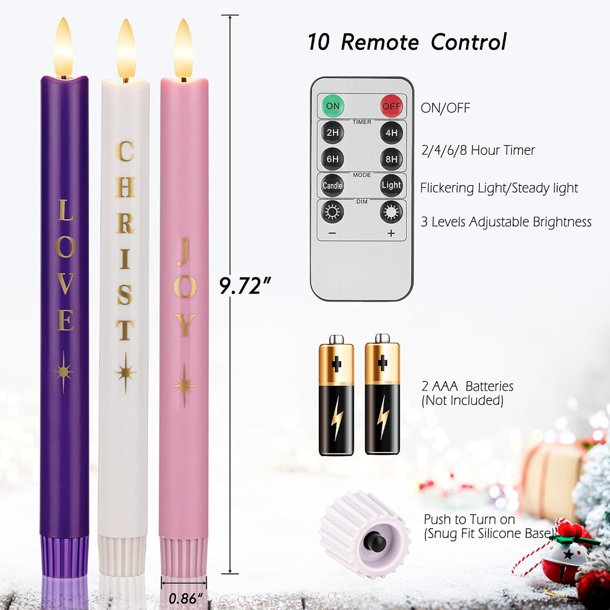 Advent Candles Set of 5, Flameless Taper Candles with Remote, Christmas Purple and Pink Battery Operated Advent Candlestick for Thanksgiving Xmas Advent Wreath Decor, 9.7"