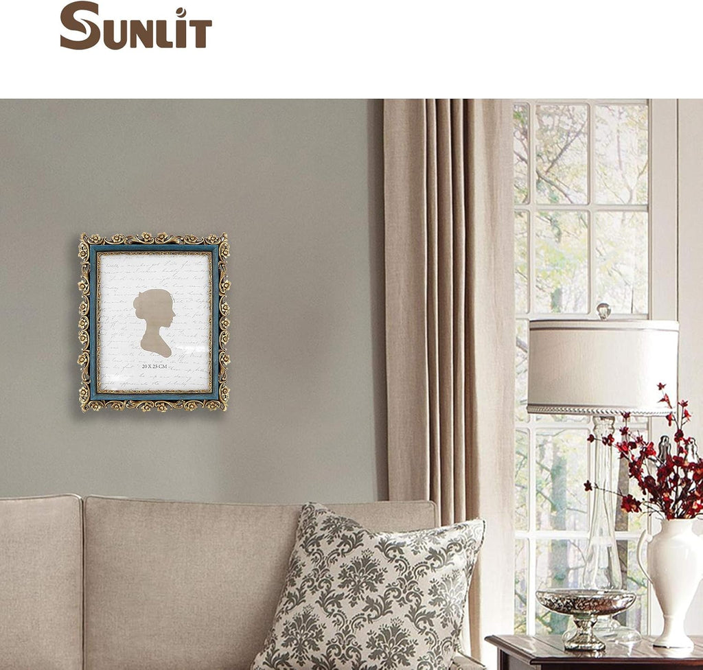 Sunlit Vintage Picture Frame 8x10 Inch, Luxury Antique Photo Frames with Glass Front, Photo Display, Tabletop Wall Hanging, Gift Ideas, Gold and Blue