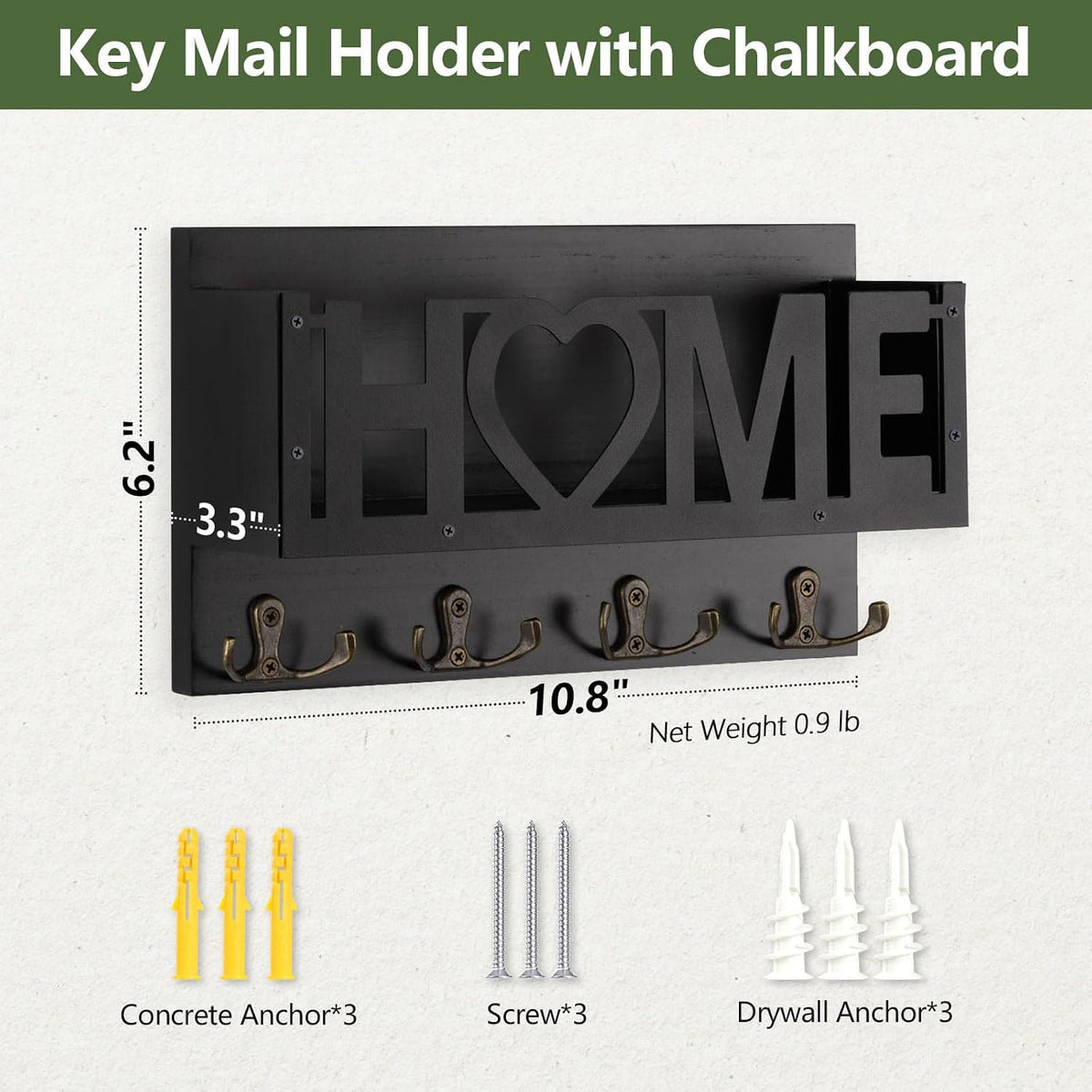 Wall Mount Mail and Key Holder, Wooden Mail Organizer with 4 Double Hooks, Black Metal Letters, Farmhouse Home Decor, Entryway Storage, 10.8 x 3.3 x 6.2 Inches