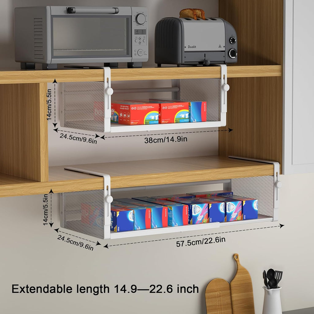 AmonHouseware 2Pack Expandable Under Shelf Storage Basket Organizer, White