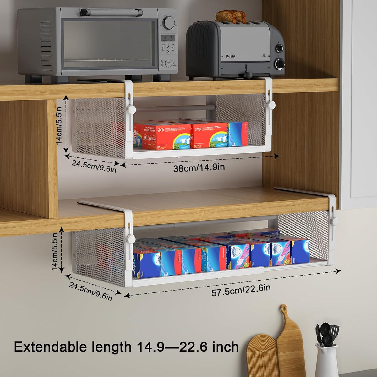 AmonHouseware 2Pack Expandable Under Shelf Storage Basket Organizer, White