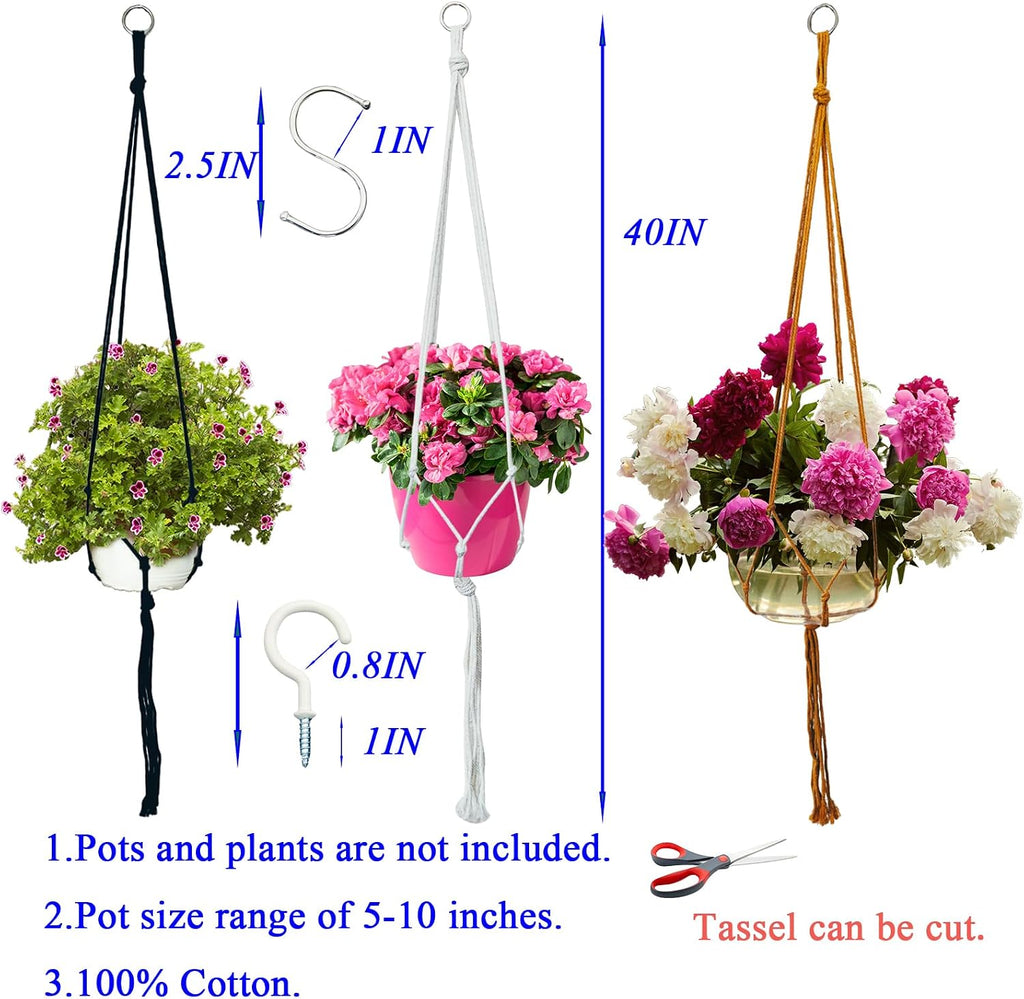 Macrame Plant Hangers Planter Flower Pots Holder 3 Pack Basket Stand Tassels with 6 Hooks Kit Cotton Rope for Decorative Indoor Outdoor Patio Garden Boho Home Décor (POTS NOT Included) (BROWN)