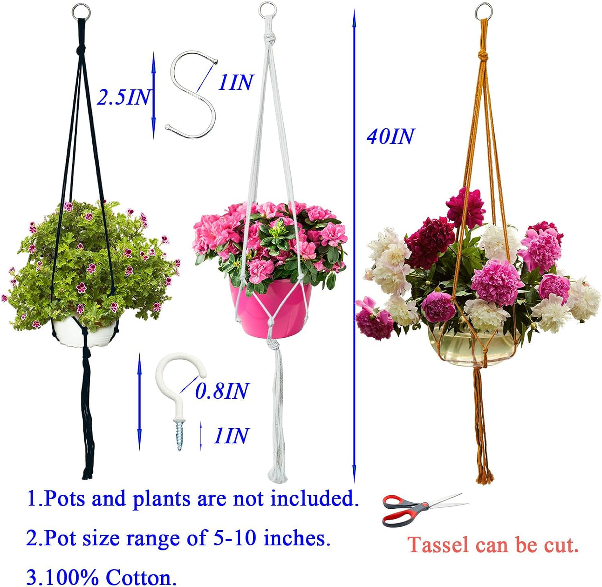 Macrame Plant Hangers Planter Flower Pots Holder 3 Pack Basket Stand Tassels with 6 Hooks Kit Cotton Rope for Decorative Indoor Outdoor Patio Garden Boho Home Décor (POTS NOT Included) (BROWN)