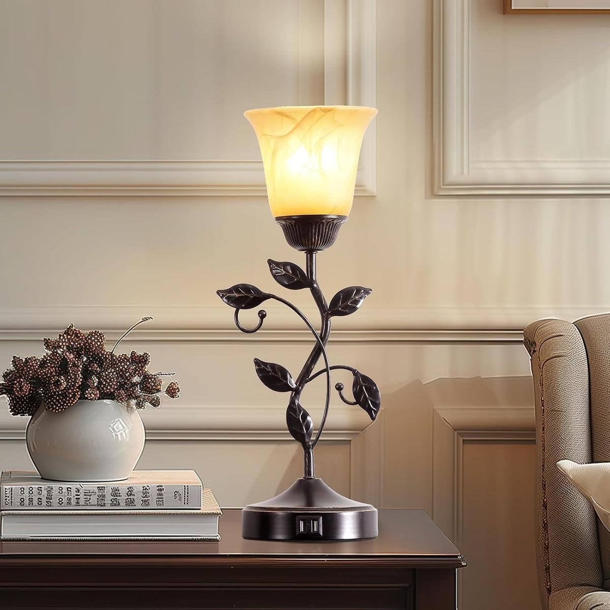 Set of 2 Touch Vintage Bedroom Leaf Table Lamps with 2 USB Ports