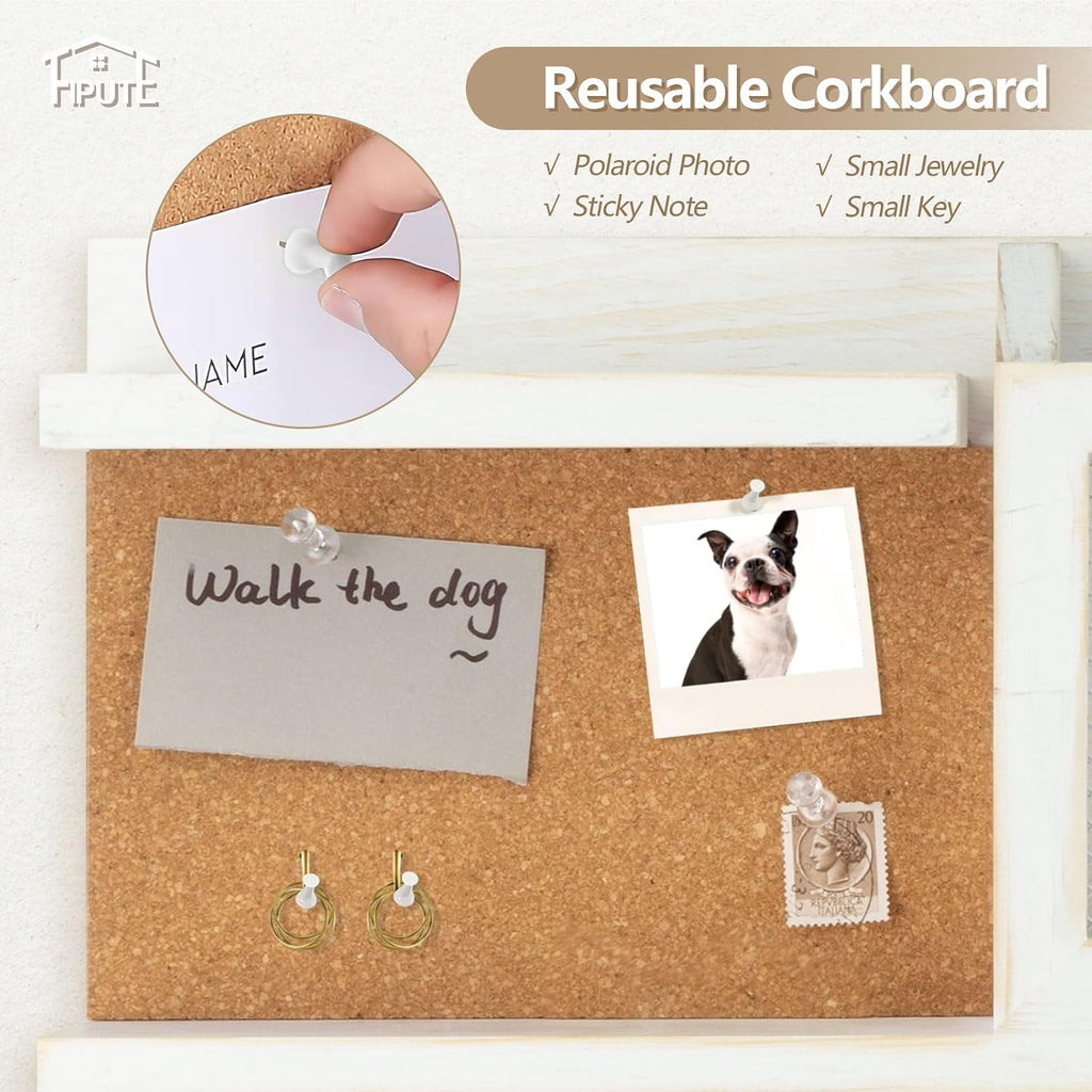 Key Holder for Wall with Mail Organizer,Farmhouse Mail and Key Holder for Wall,Key Hanger with ‌Metal 11 Hooks,Corkboard,and Shelf,Decorative Natural Pine Wood Entryway Organizer,14.6*11.1*3.3”,White