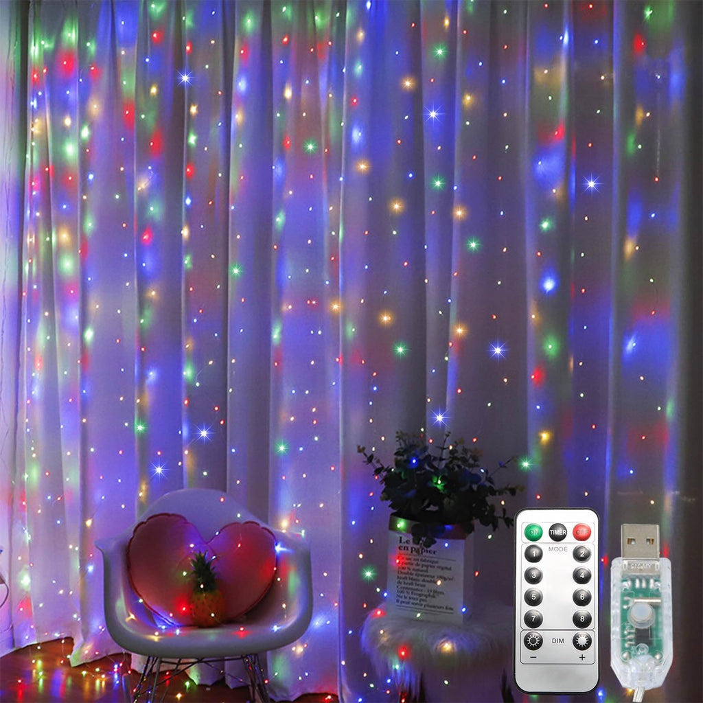 300 LED Curtain String Lights, Fairy Lights with 8 Light Modes, 9.8x9.8Ft Remote USB Plug Fairy String Lights for Christmas, Bedroom, Indoor, Outdoor, Weddings, Party, Camping Decor (Multicolored)
