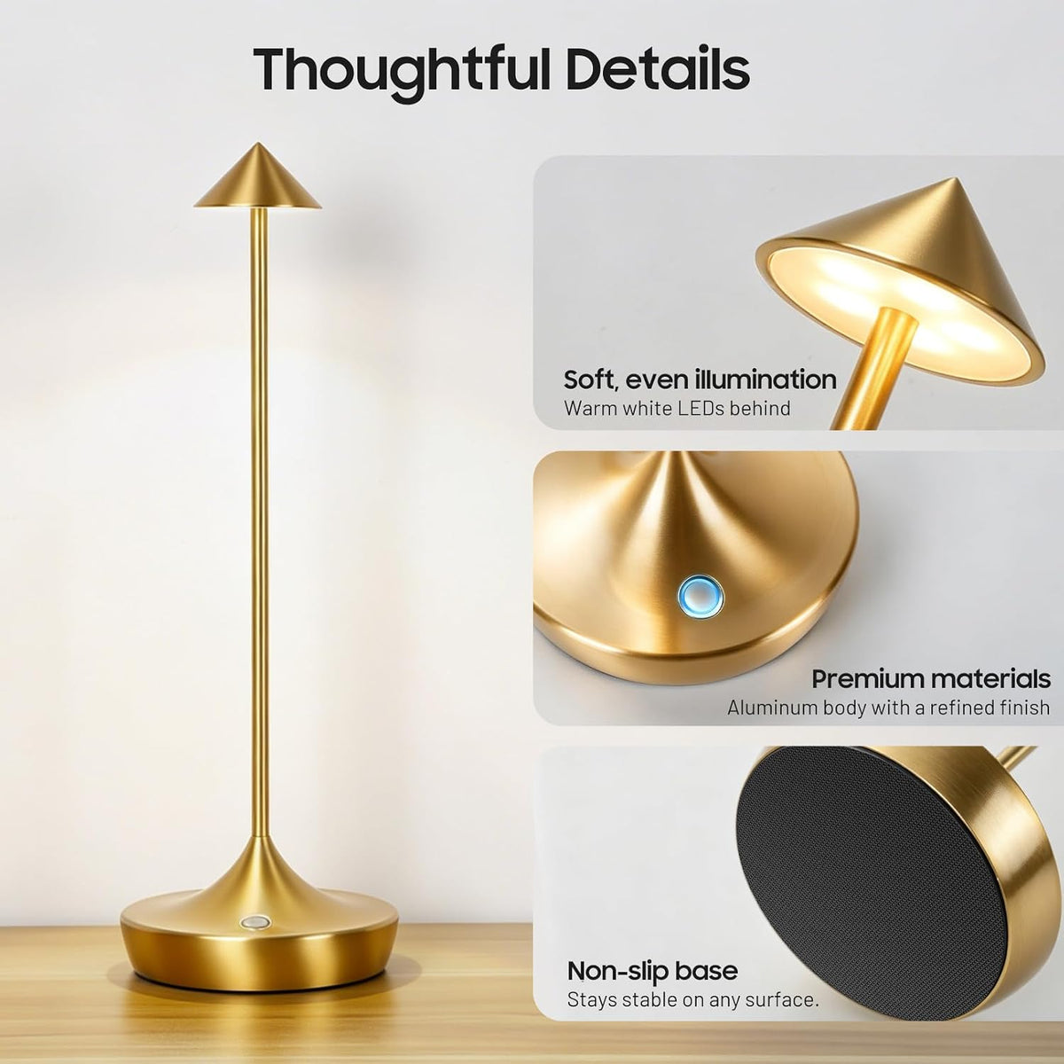 Cordless LED Table Lamp, Rechargeable, 3 Color Dimmable, Gold