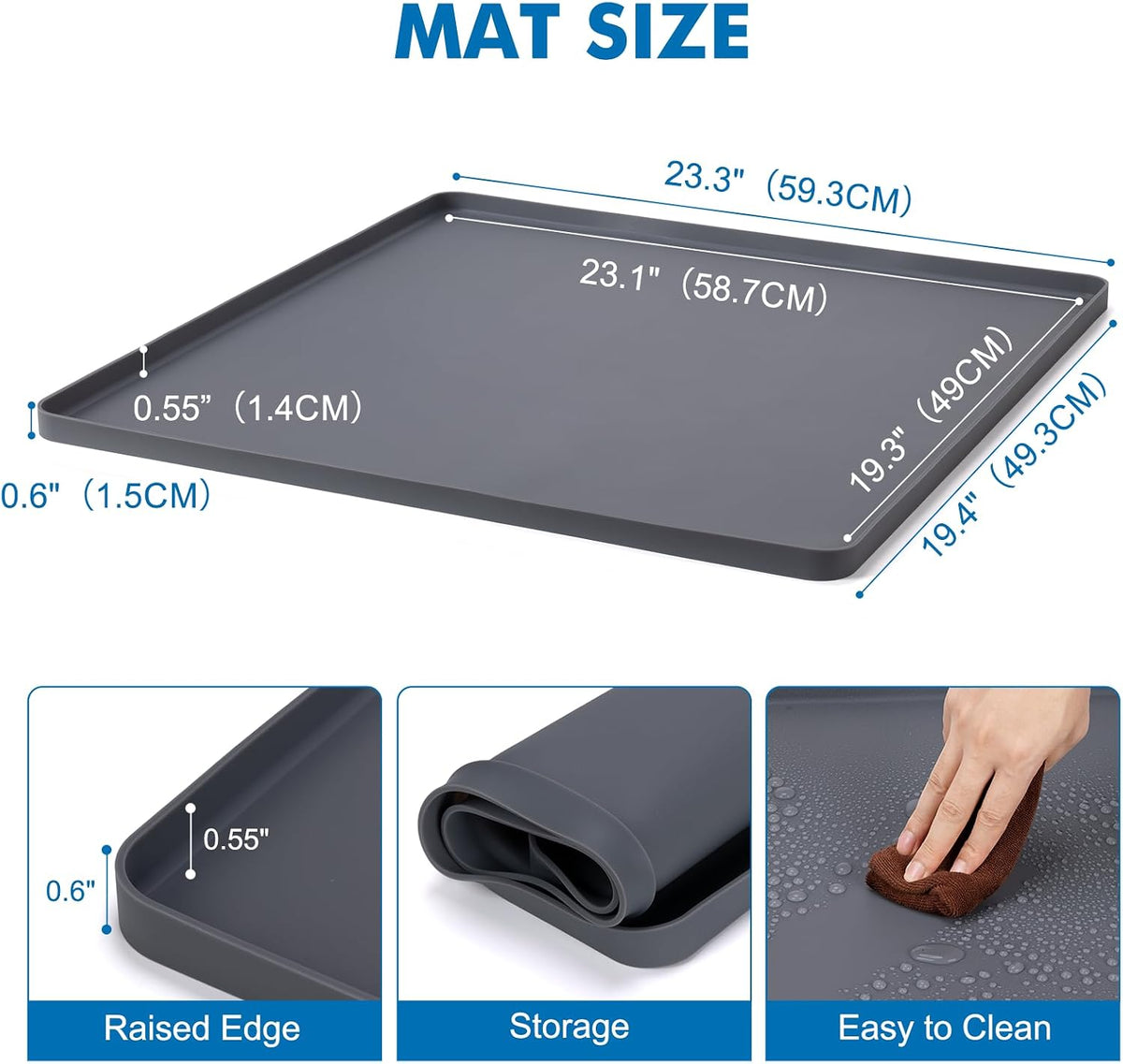 23.3"x19.4"x0.6" Silicone Mini Fridge Mat, AC Drip Pan Protector, Grey