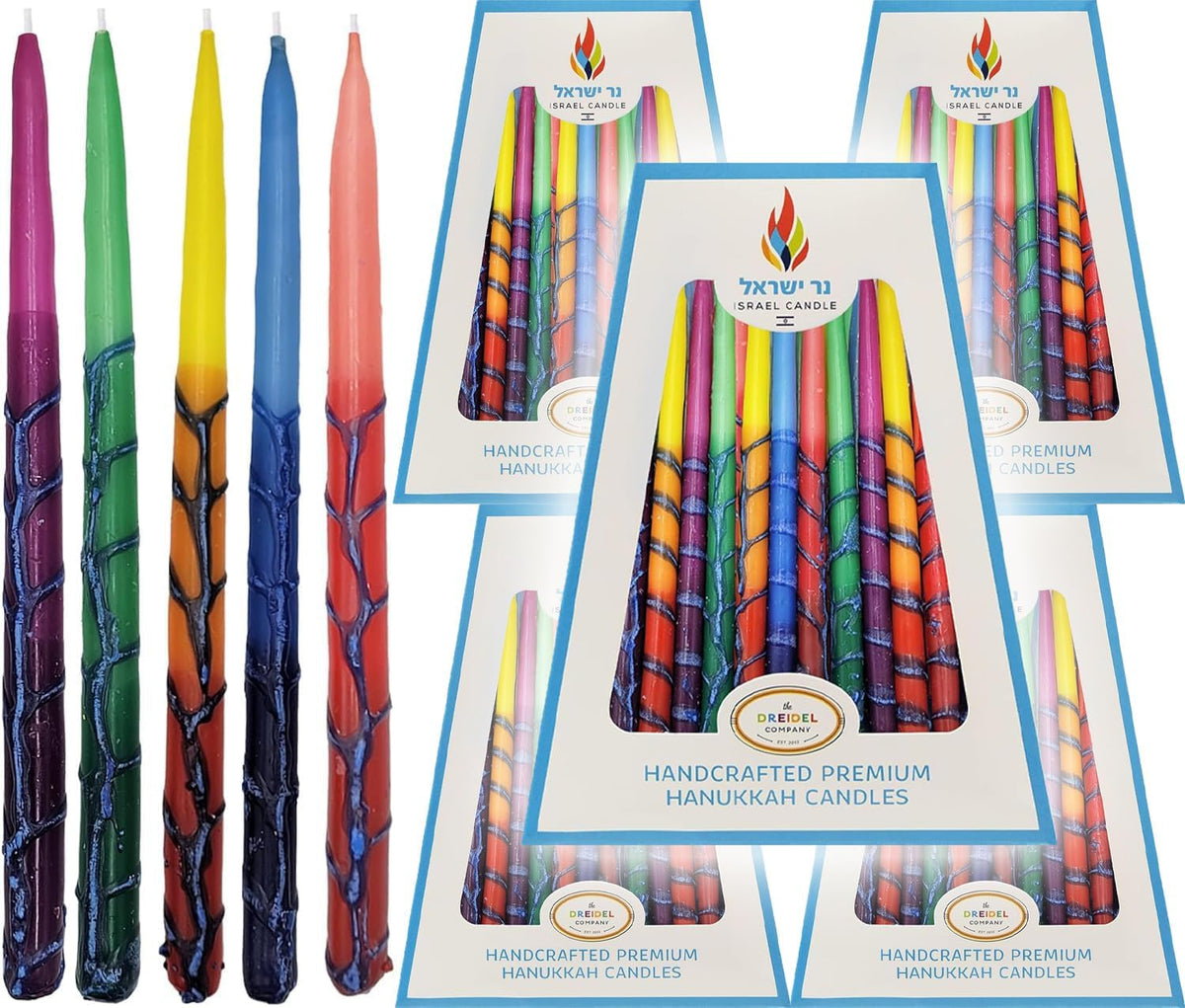 The Dreidel Company 5-Pack Dripless Hanukkah Candles, Multicolored Ombre Striped Deluxe Tapered Decorations, 1 Hour Burn Time, Chanukkah 45 Menorah Candles Box for All 8 Nights of Chanukah