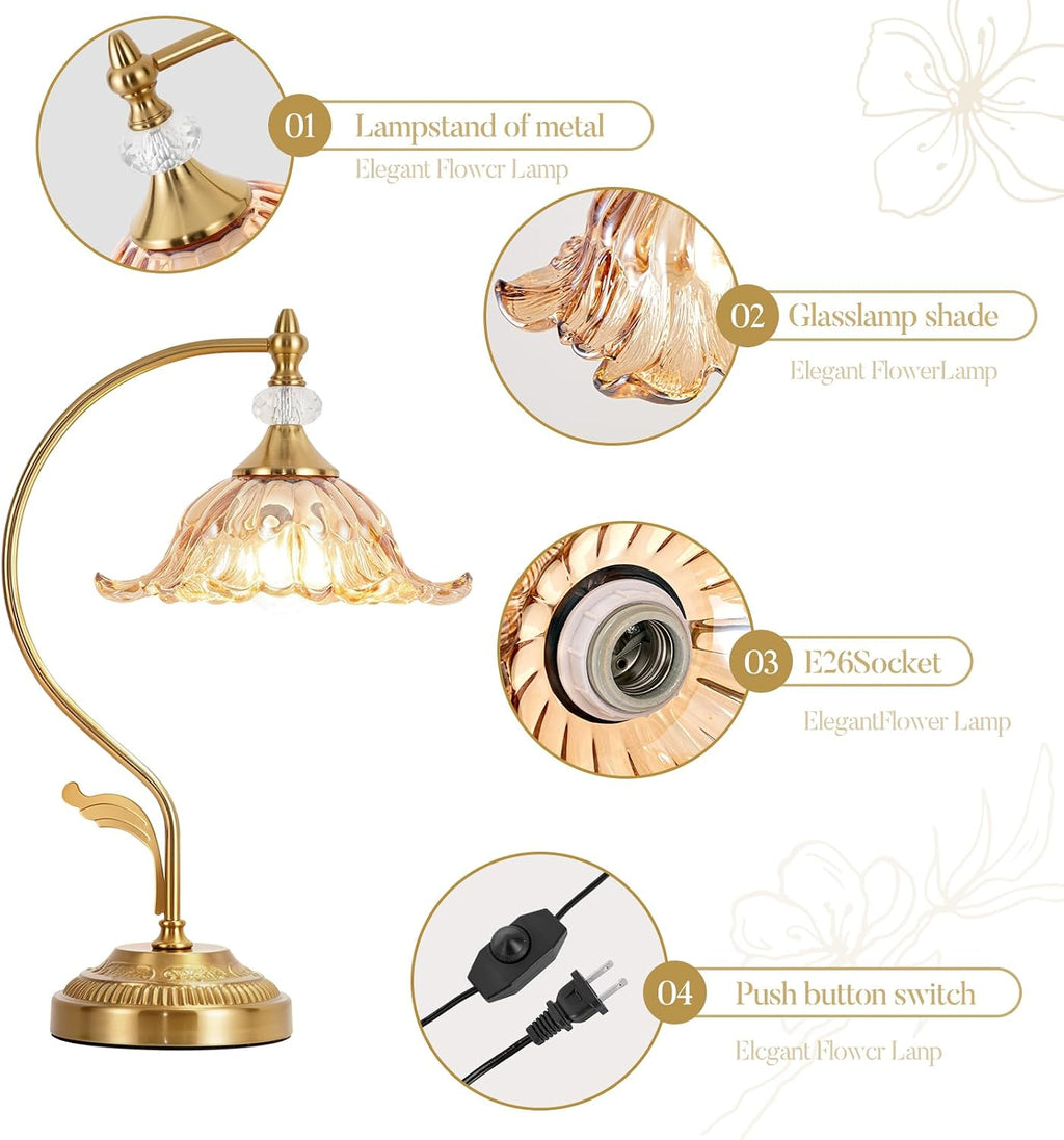 Vintage Floral Table Lamp, Plug in Mid-Century Modern Desk Lamp with Amber Glass Shade, Gold Bedside Table Lamp Dimmable for Bedroom Living Room Home Office, E26 Base, UL Listed