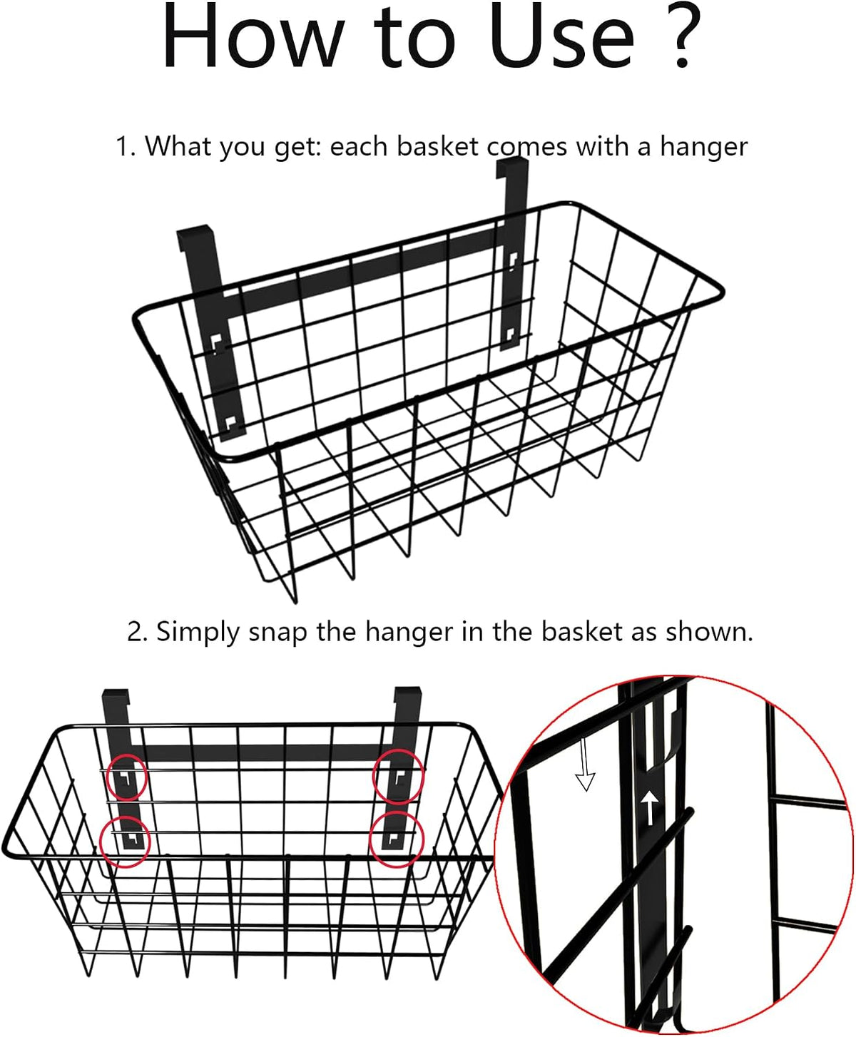 MaraFansie Basket with Hook, Grid Storage Basket, Over the Cabinet Door Organizer, Wire Hanging Basket with Hook Over the Railing, Under Sink Kitchen Cabinet, Pantry, Bathroom, Black, 4 Pack