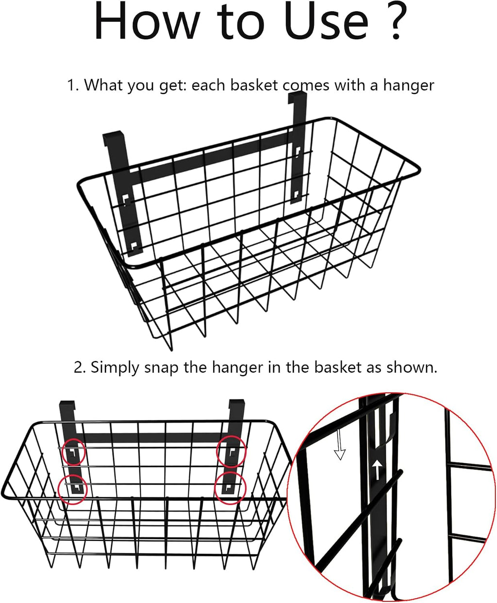 MaraFansie Basket with Hook, Grid Storage Basket, Over the Cabinet Door Organizer, Wire Hanging Basket with Hook Over the Railing, Under Sink Kitchen Cabinet, Pantry, Bathroom, Black, 2 Pack