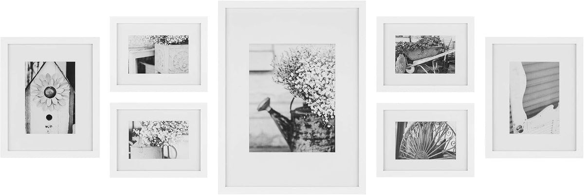 GALLERY PERFECT Multi-Size Picture Frame Set 7 Pack, White Gallery Wall Frames with Hanging Hardware, Clear Glass - One 12x16, Two 8x10, Four 6x8 Matted Photo Frames for Wall Display