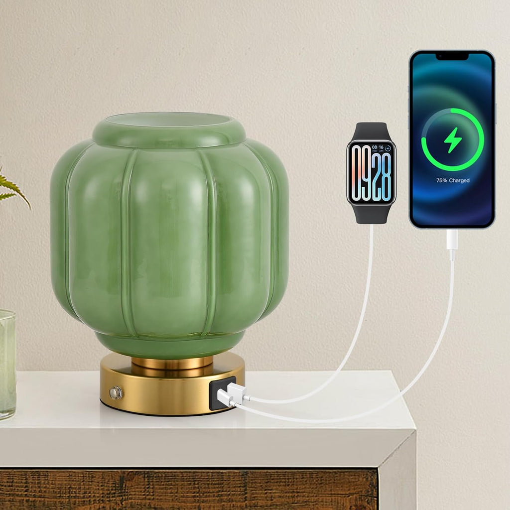 Rechargeable Table Lamp, Cordless Green Glass Bedside Lamp Small