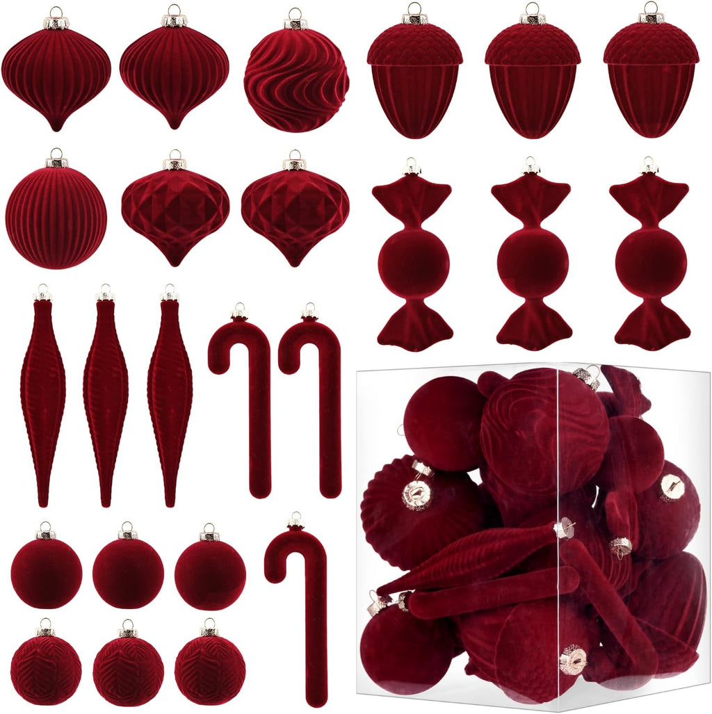 Velvet Ornaments for Christmas Tree Decorations - Burgundy Flocked Christmas Ornament Set for Winter Holiday Decor - Shatterproof Xmas Balls Ornaments Bulk - Pack of 24
