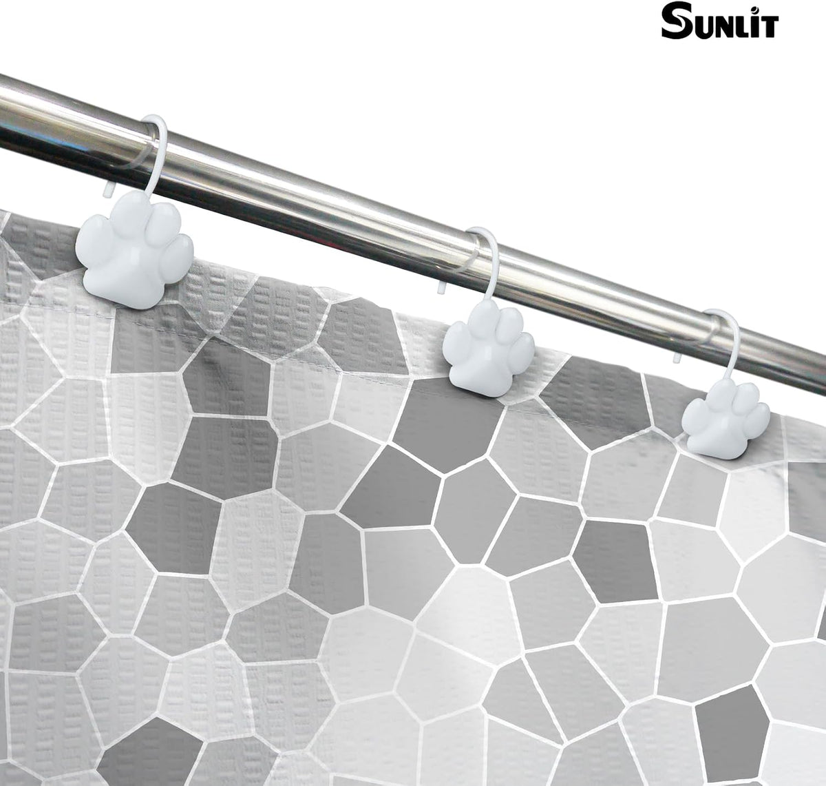 Sunlit Fashion Design Cute Paw Print Polished Shower Curtain Hooks for Dog Cat and Bear, Rust Proof Oil Rubbed Metal Shower Curtain Rings, White, 12 Pack