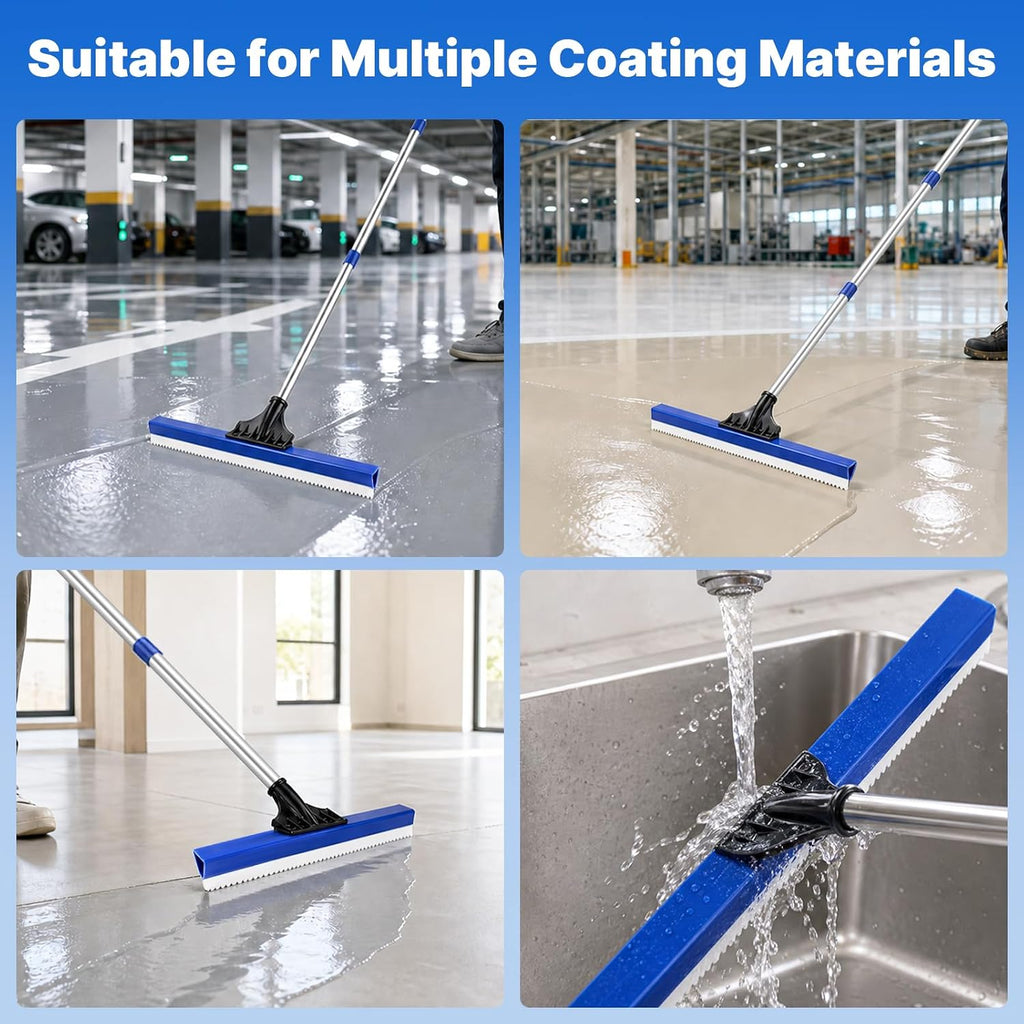 16" Notched Epoxy Floor Squeegee with 62" Long Handle for Coatings, Sealers