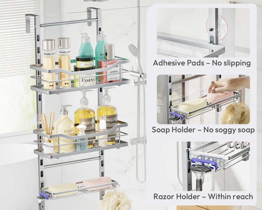 SWTYMIKI Over the Door Shower Caddy - 3 Tier Adjustable Shower Organizer Hanging with Soap Holder, No Drilling Stainless Steel Bathroom Rack Hanging for Body Wash, Shampoo, Soap, Razor, Silver